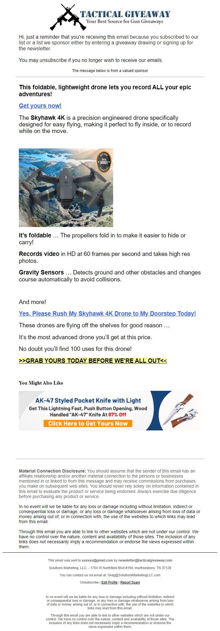 Screenshot of the email generated on import