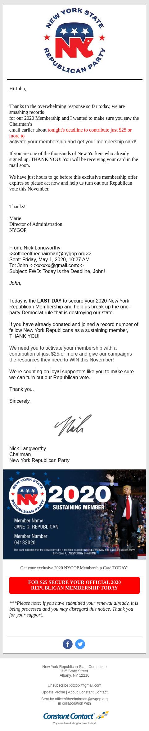 Screenshot of the email generated on import