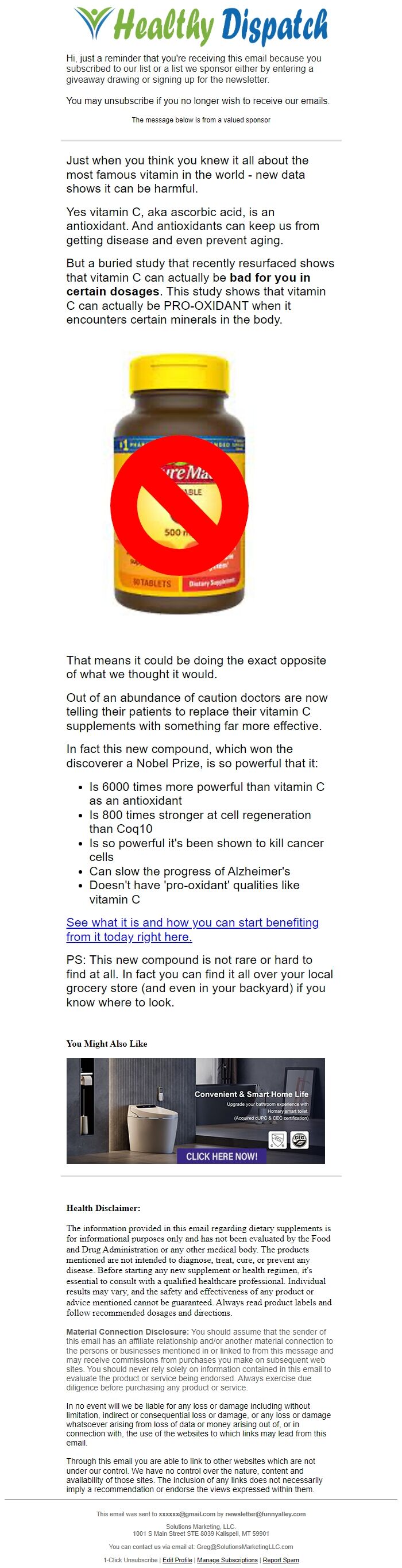 Screenshot of the email generated on import