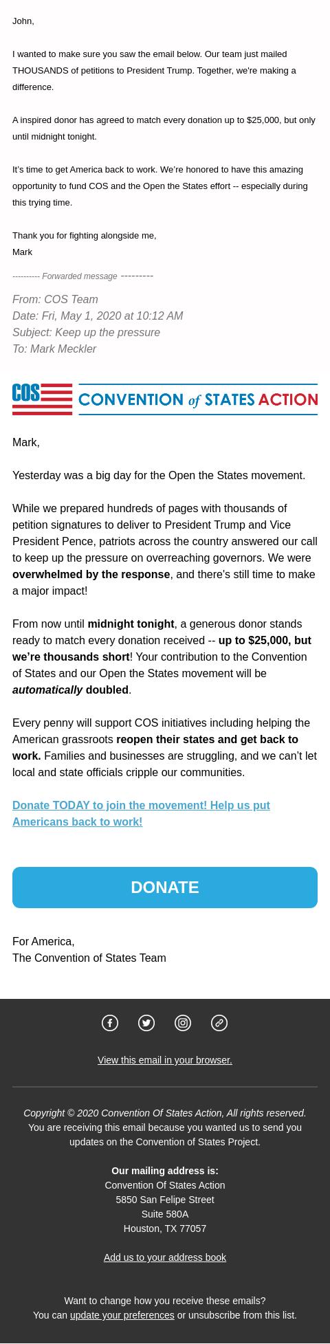 Screenshot of the email generated on import