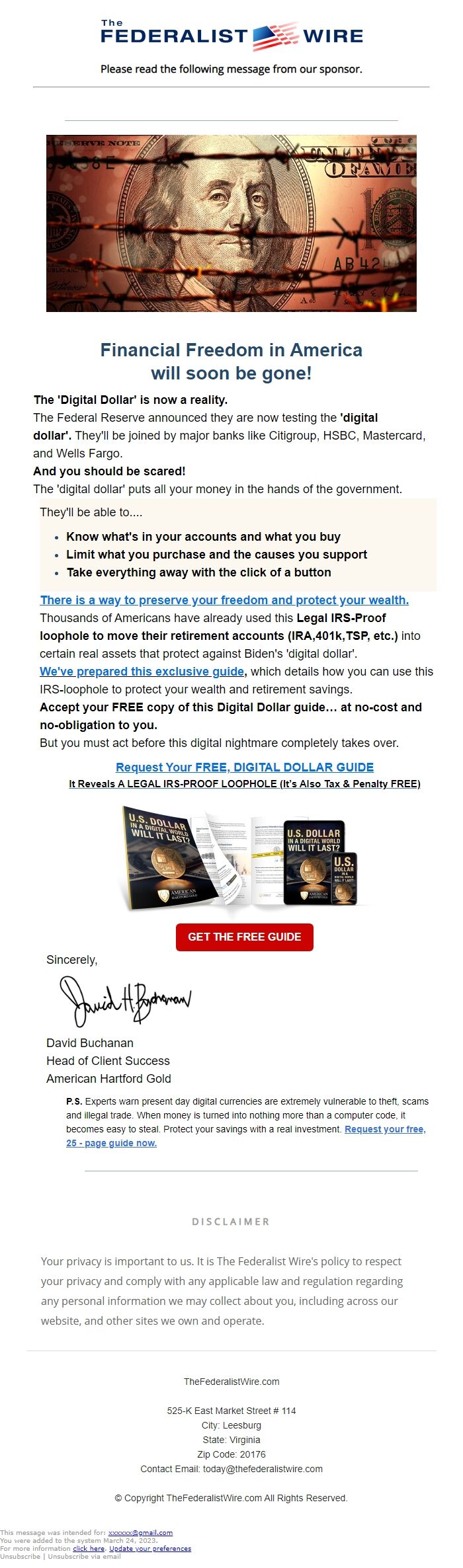 Screenshot of the email generated on import
