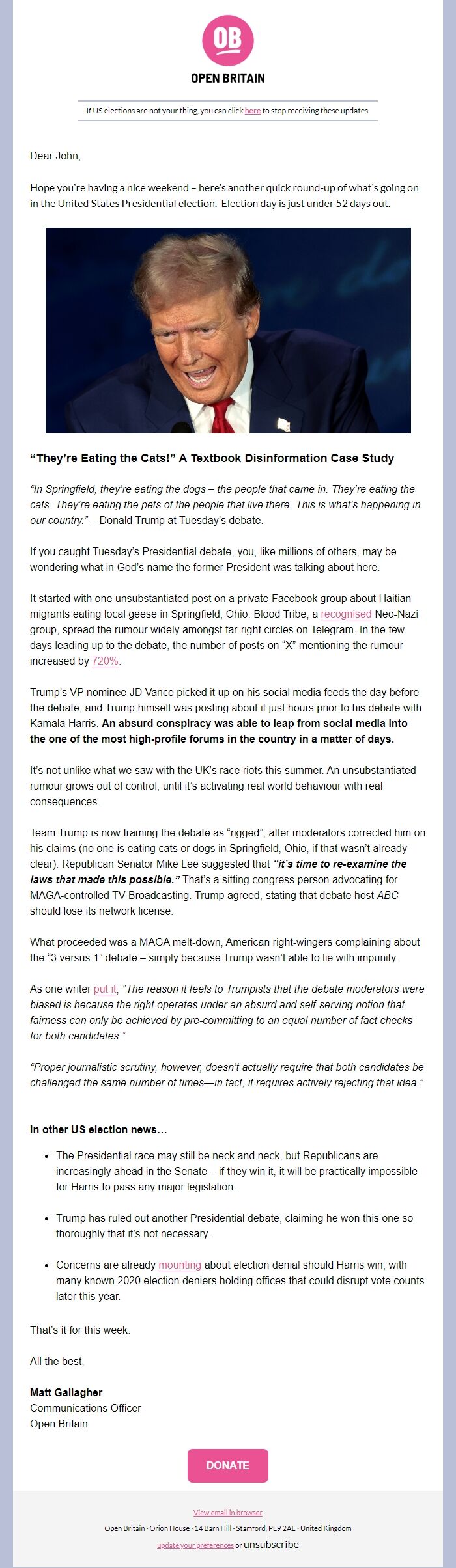 Screenshot of the email generated on import