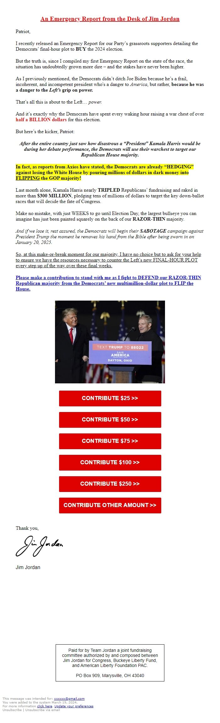 Screenshot of the email generated on import