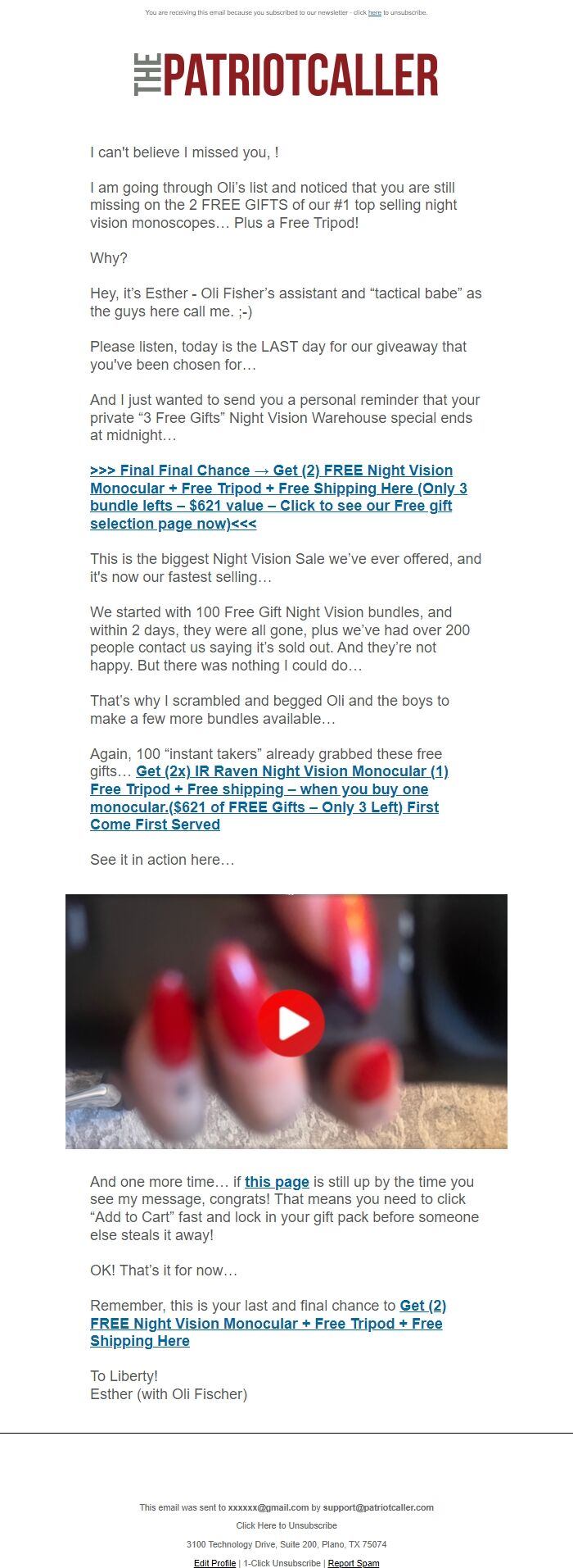 Screenshot of the email generated on import