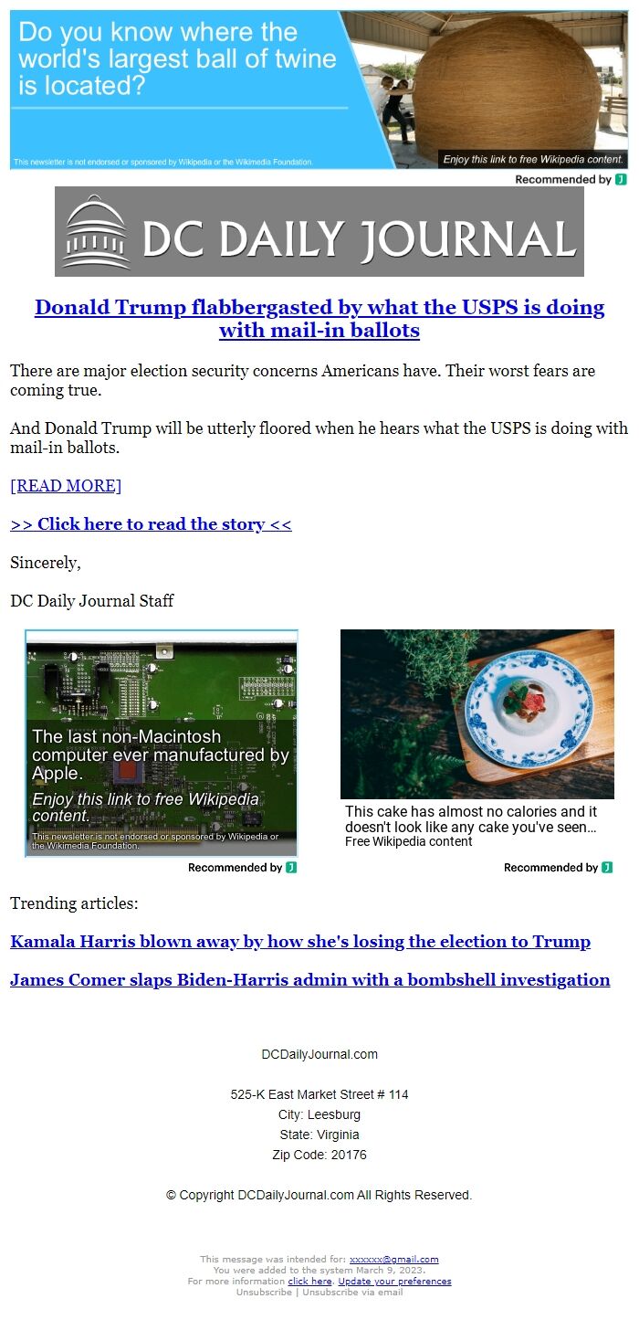 Screenshot of the email generated on import