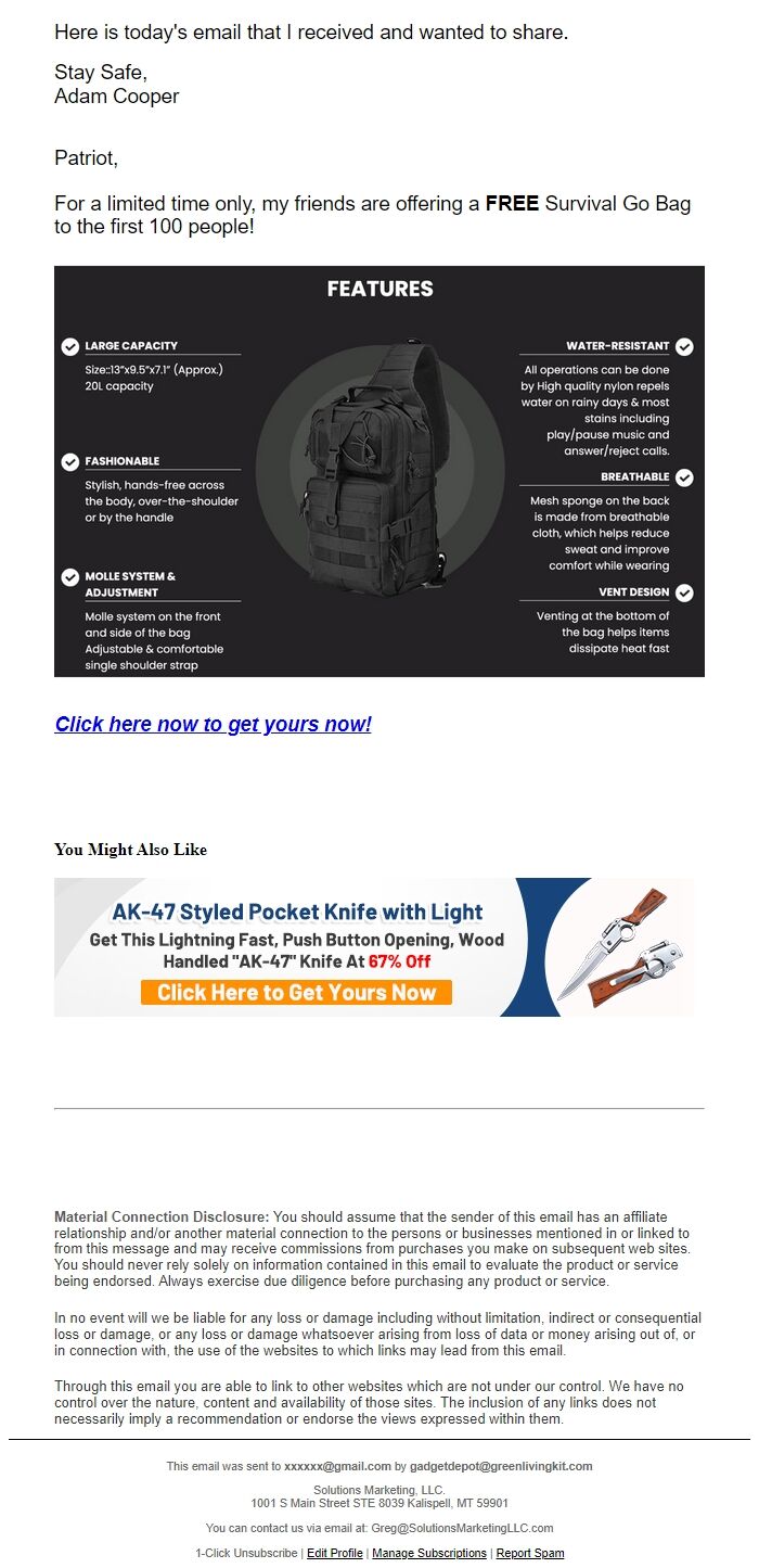 Screenshot of the email generated on import
