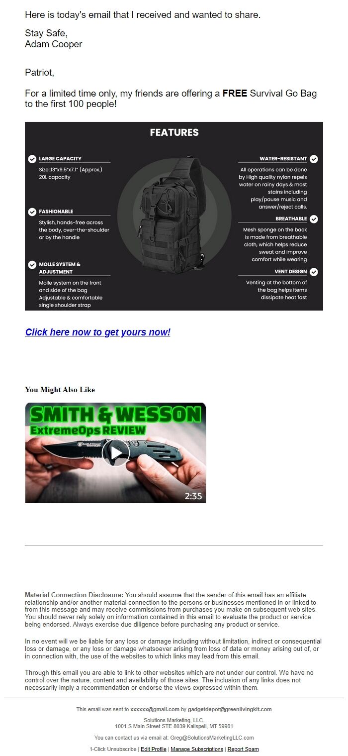 Screenshot of the email generated on import