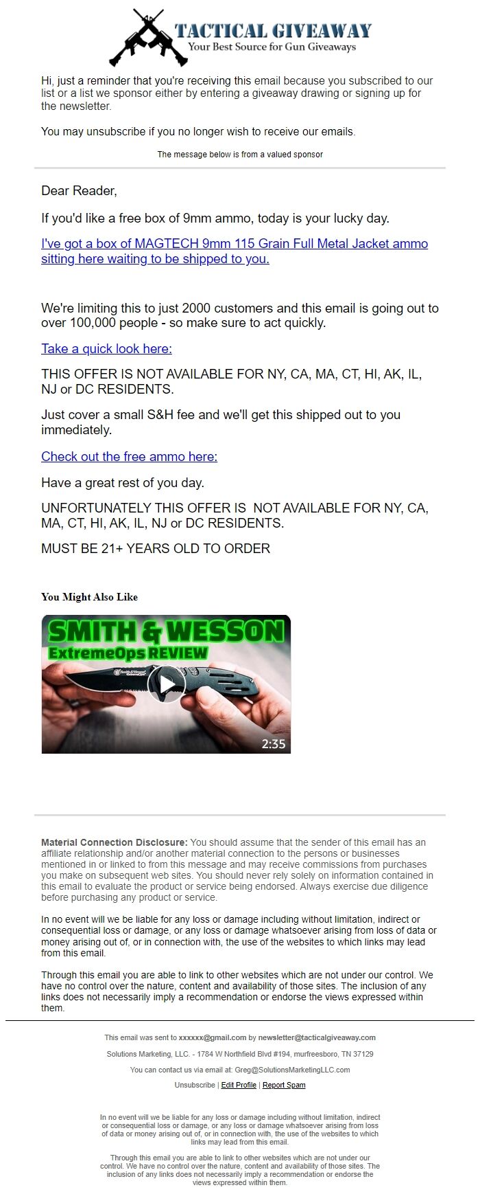 Screenshot of the email generated on import
