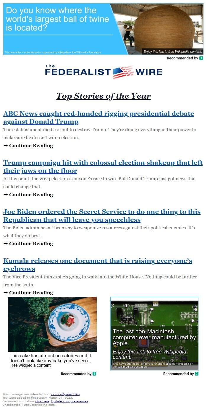 Screenshot of the email generated on import
