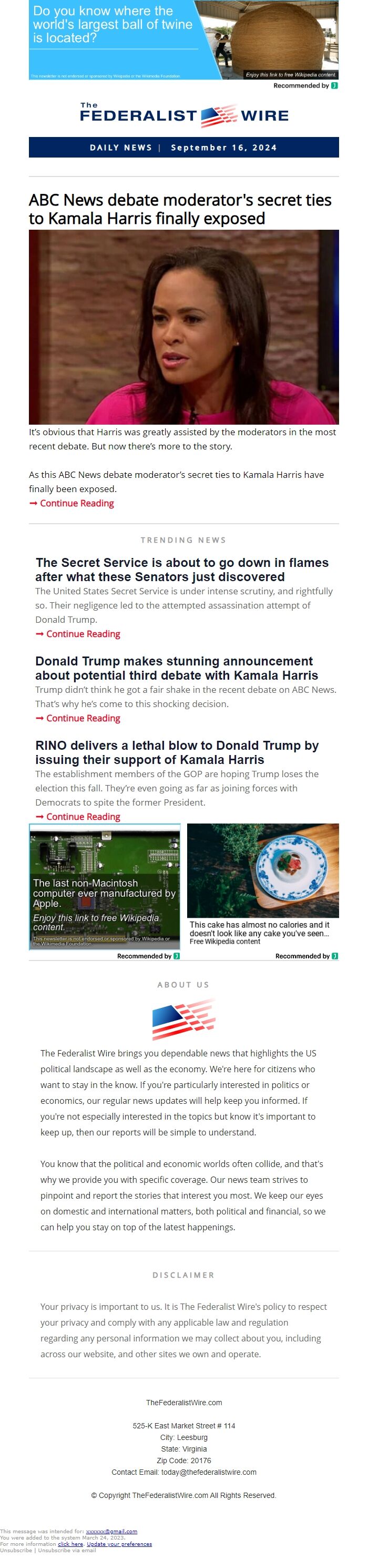 Screenshot of the email generated on import