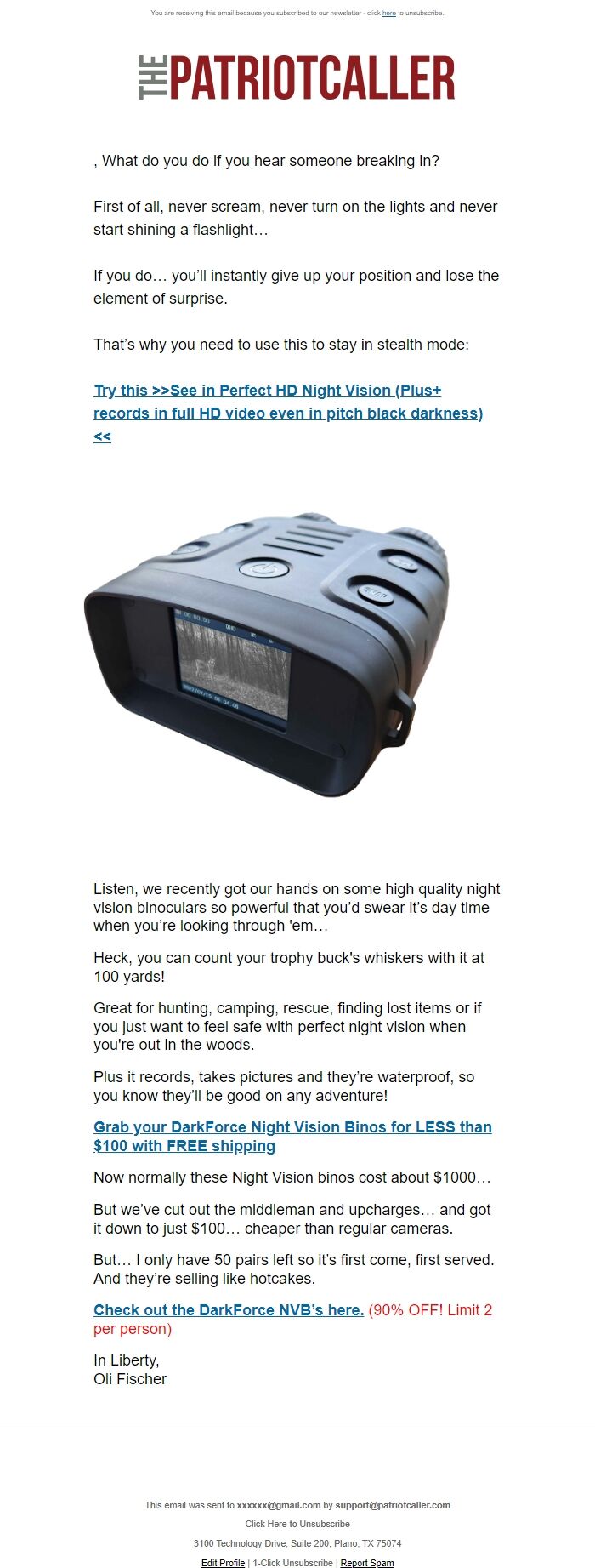 Screenshot of the email generated on import