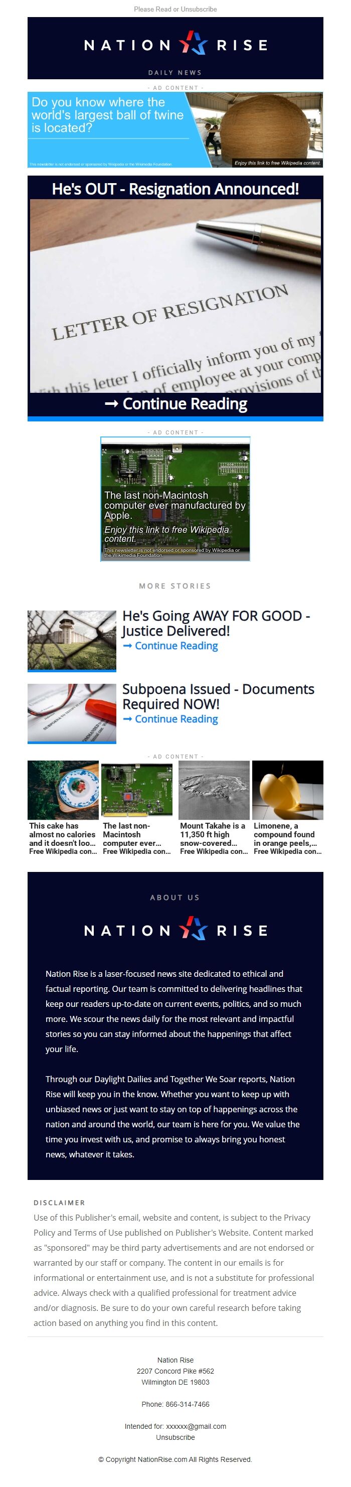 Screenshot of the email generated on import
