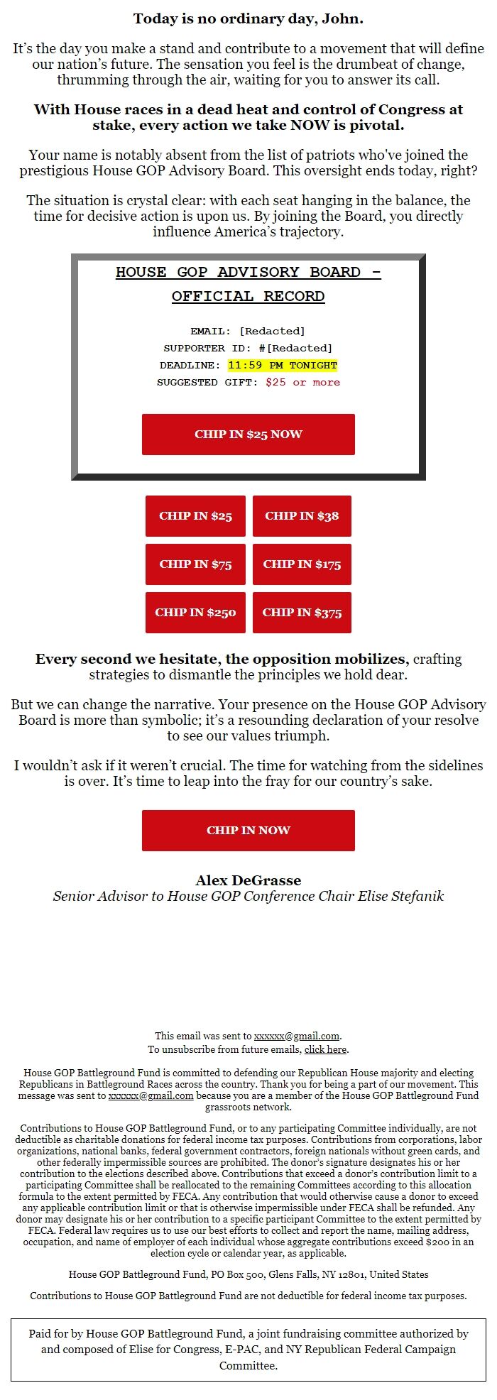 Screenshot of the email generated on import