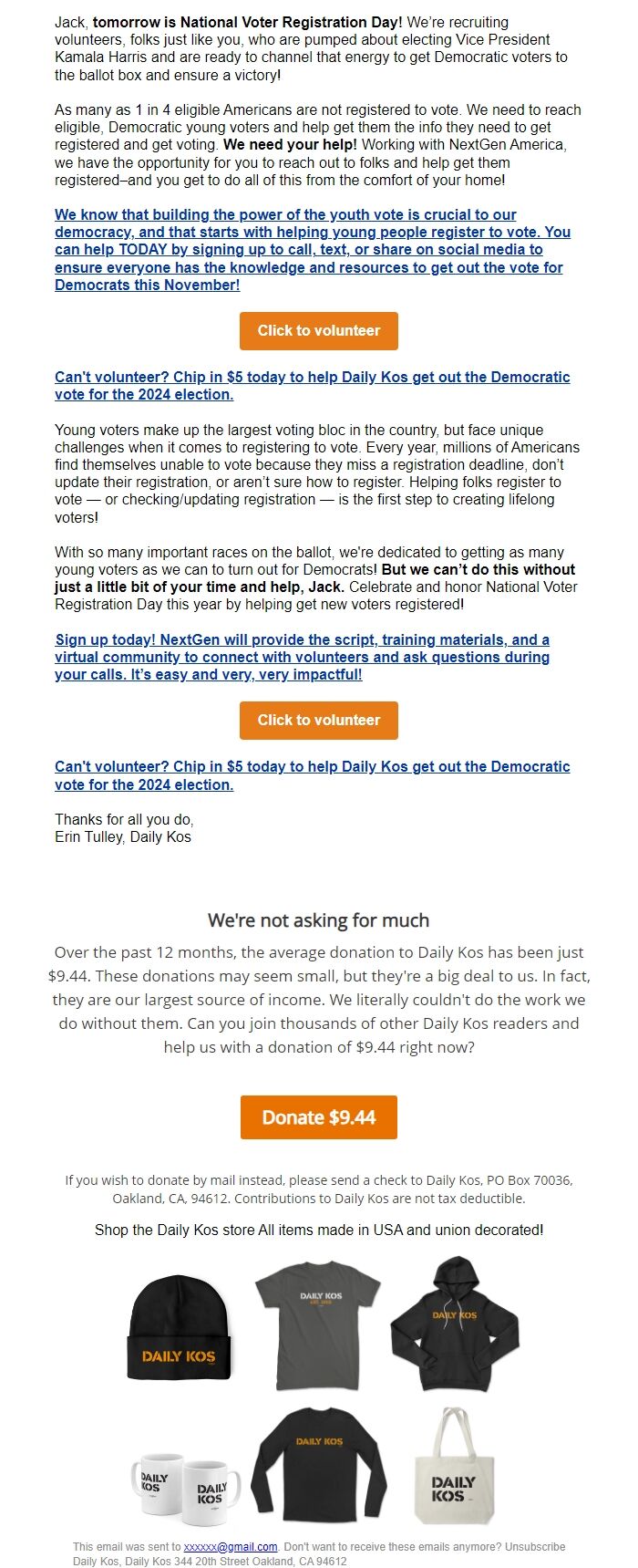 Screenshot of the email generated on import
