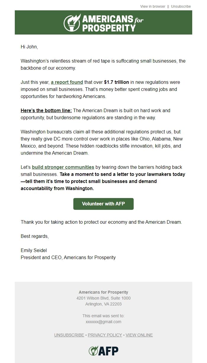 Screenshot of the email generated on import
