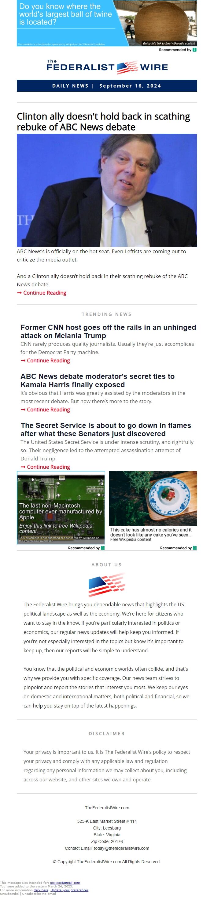 Screenshot of the email generated on import