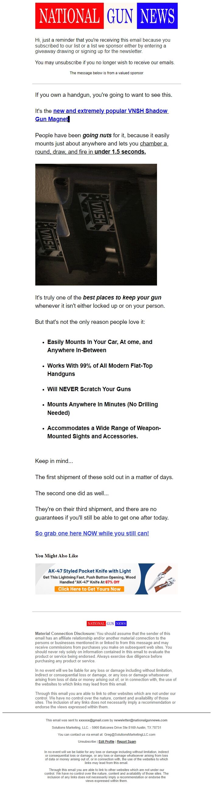 Screenshot of the email generated on import
