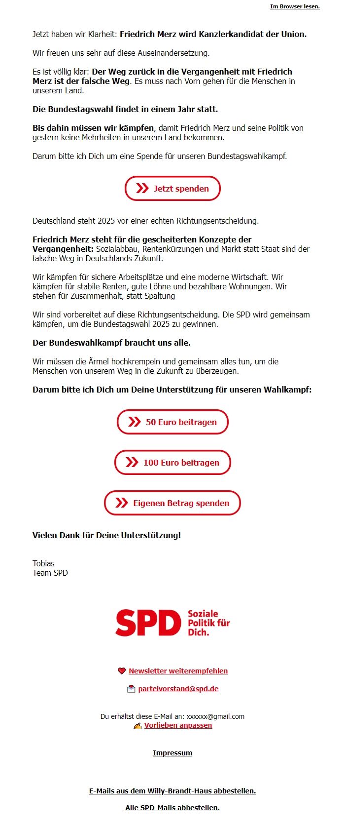 Screenshot of the email generated on import