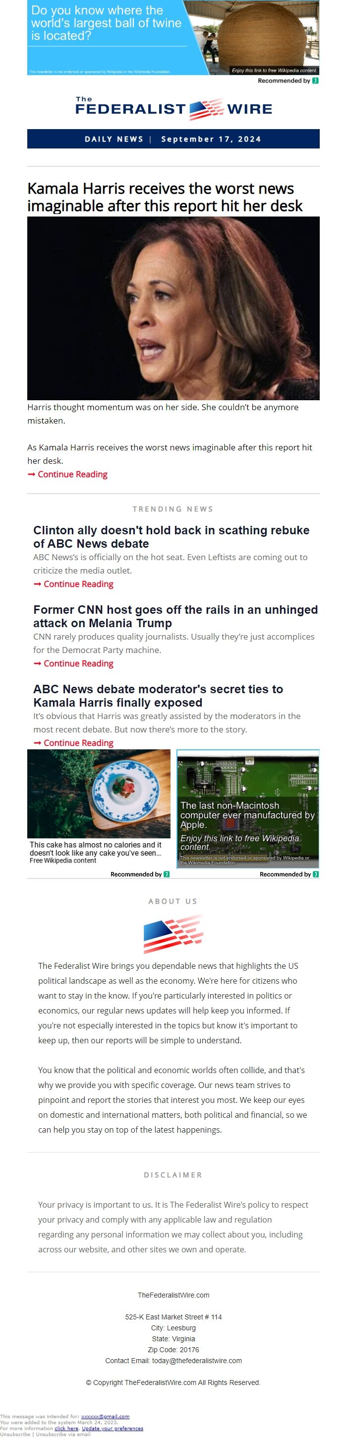 Screenshot of the email generated on import