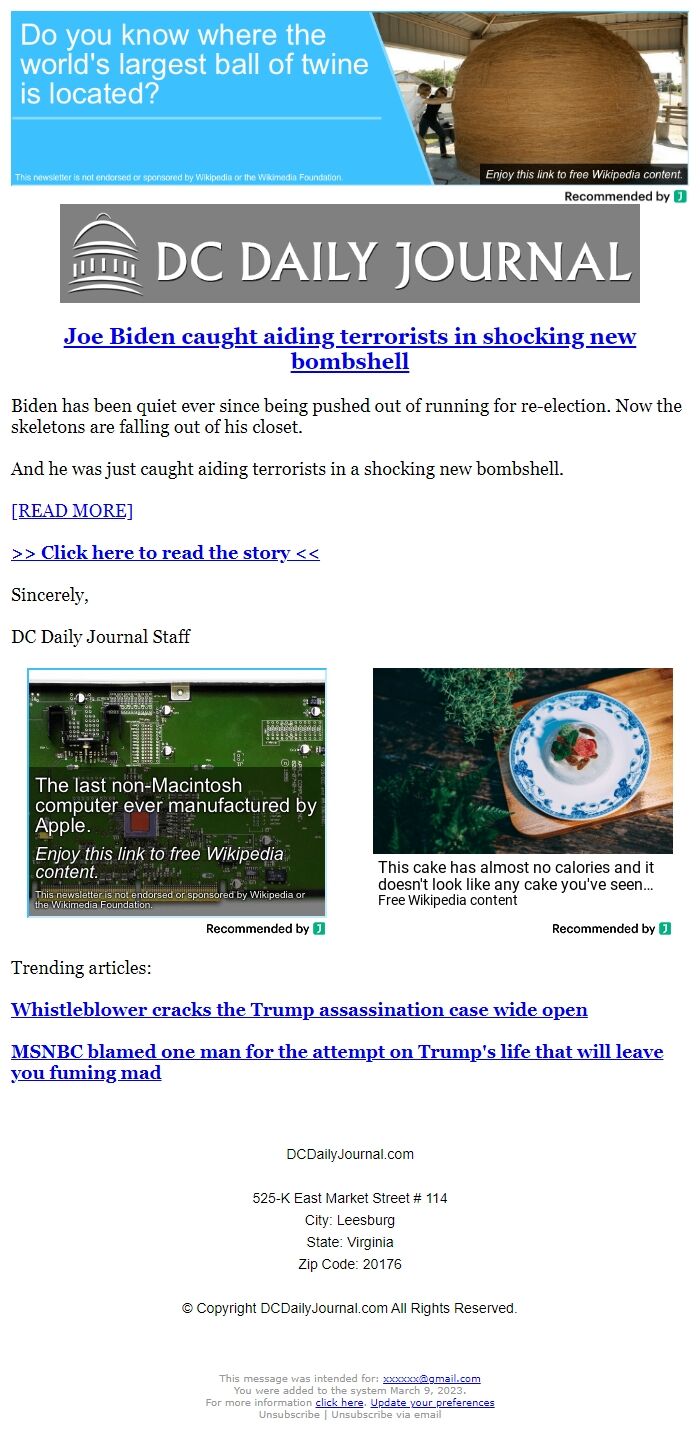 Screenshot of the email generated on import