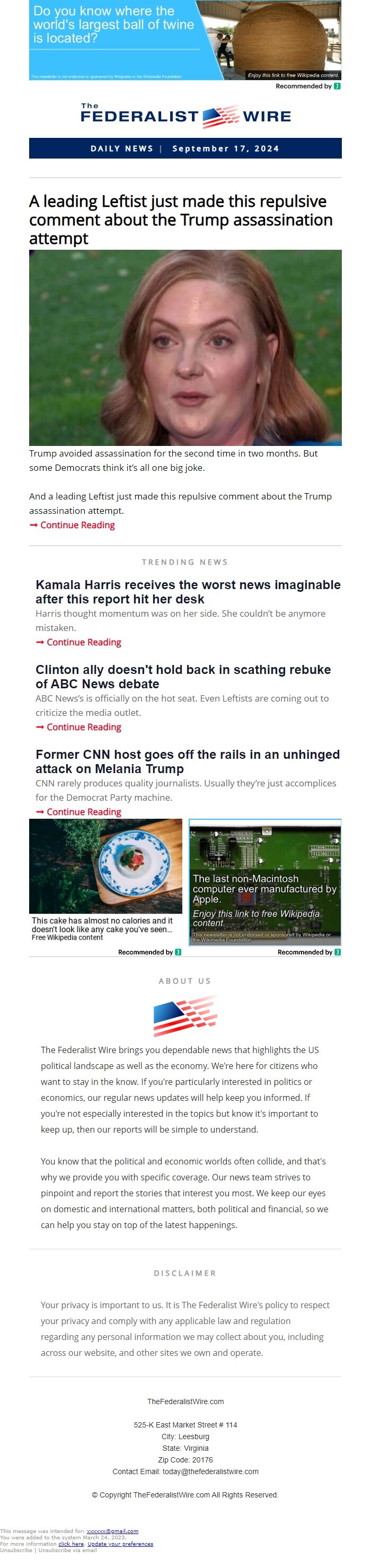 Screenshot of the email generated on import