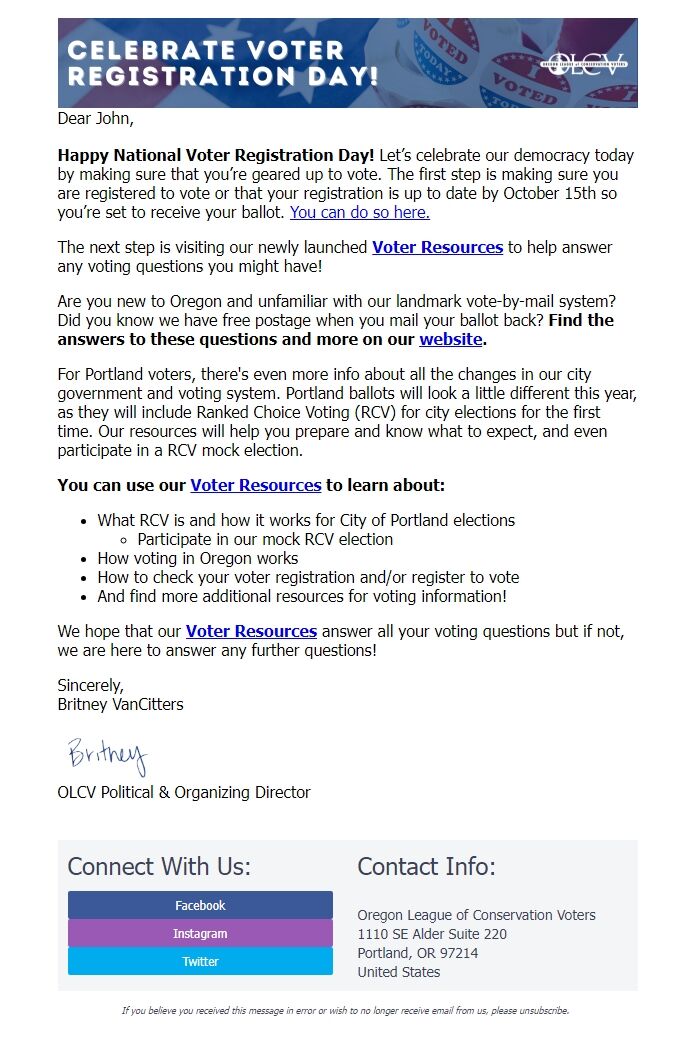 Screenshot of the email generated on import