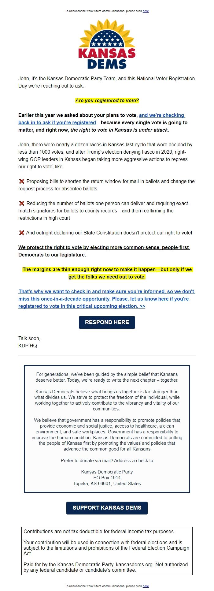 Screenshot of the email generated on import