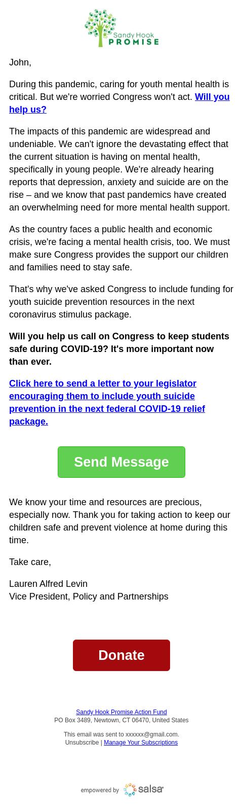 Screenshot of the email generated on import