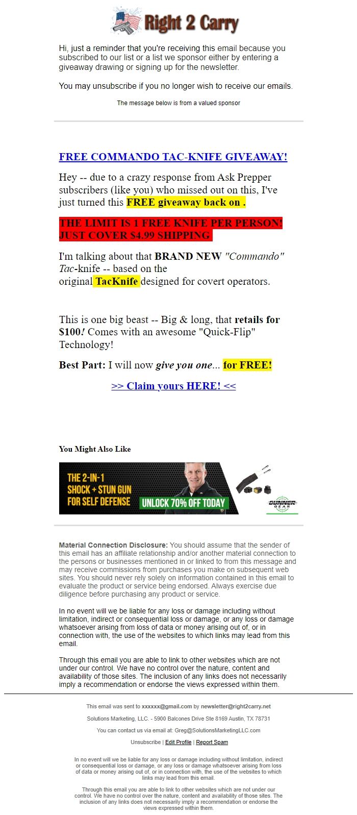Screenshot of the email generated on import