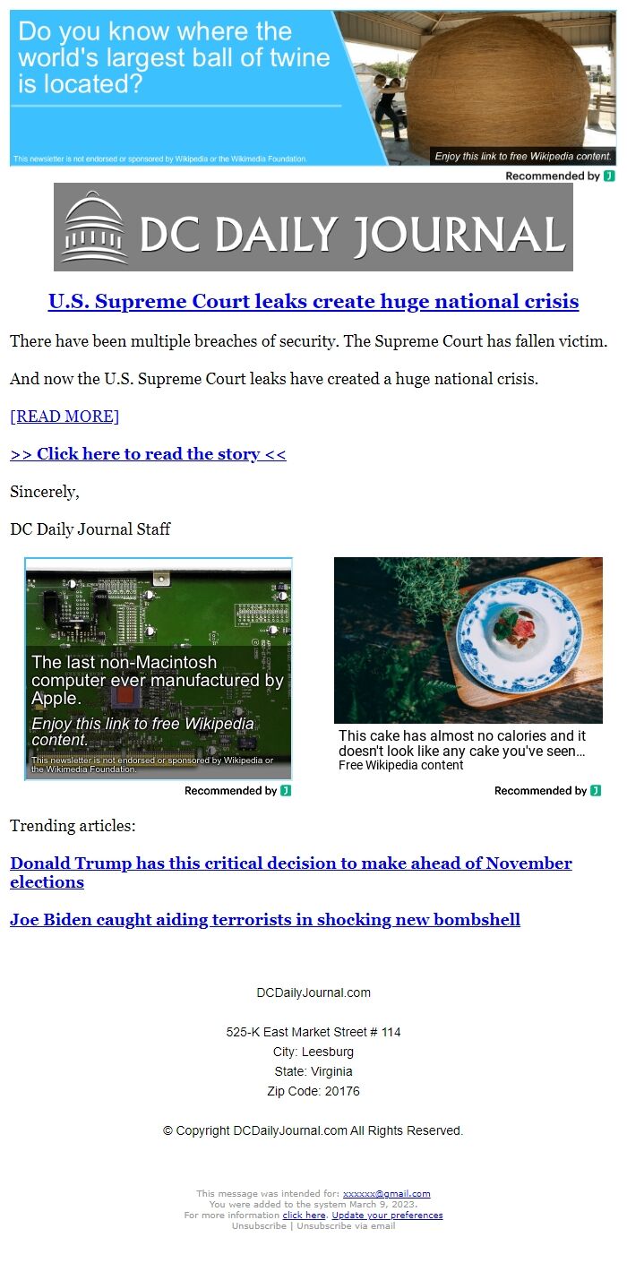 Screenshot of the email generated on import