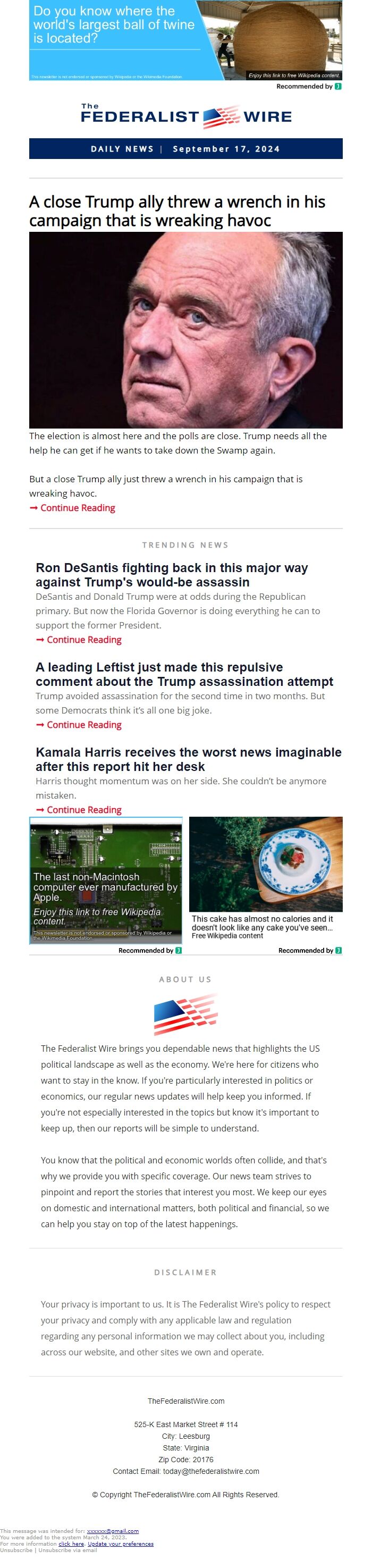Screenshot of the email generated on import