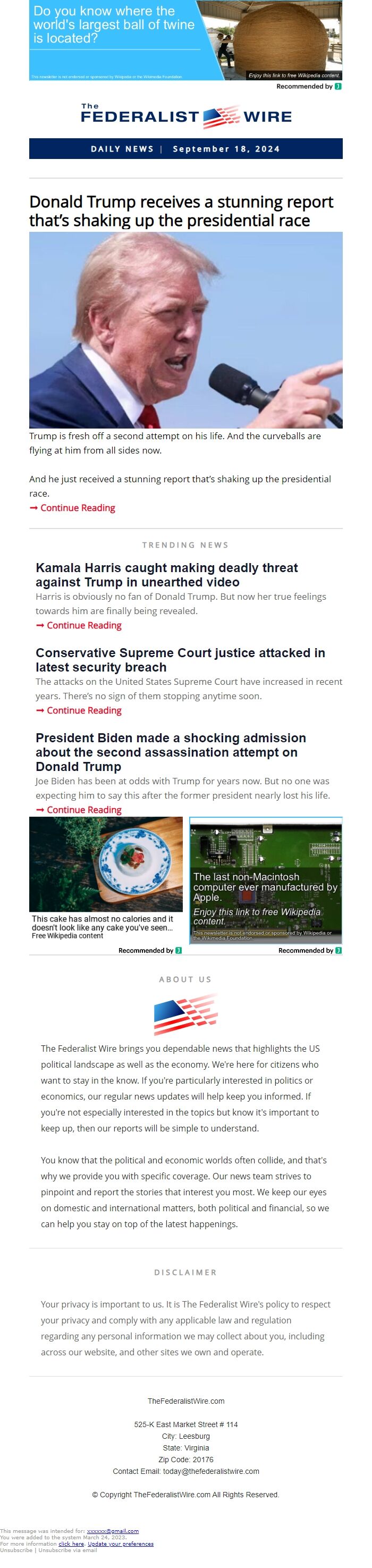 Screenshot of the email generated on import
