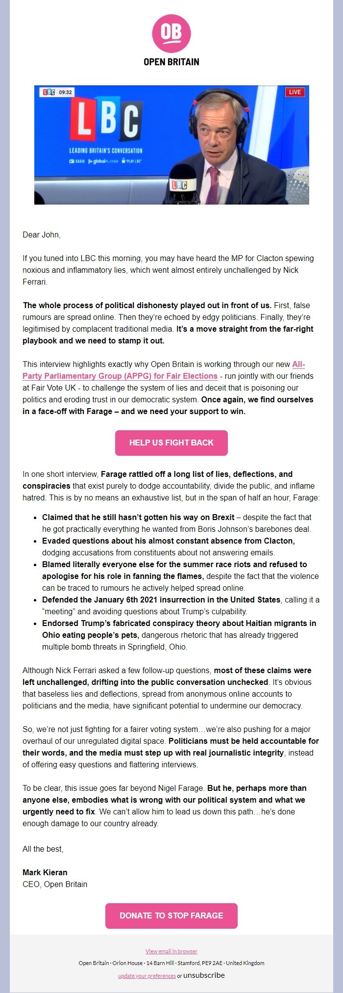 Screenshot of the email generated on import