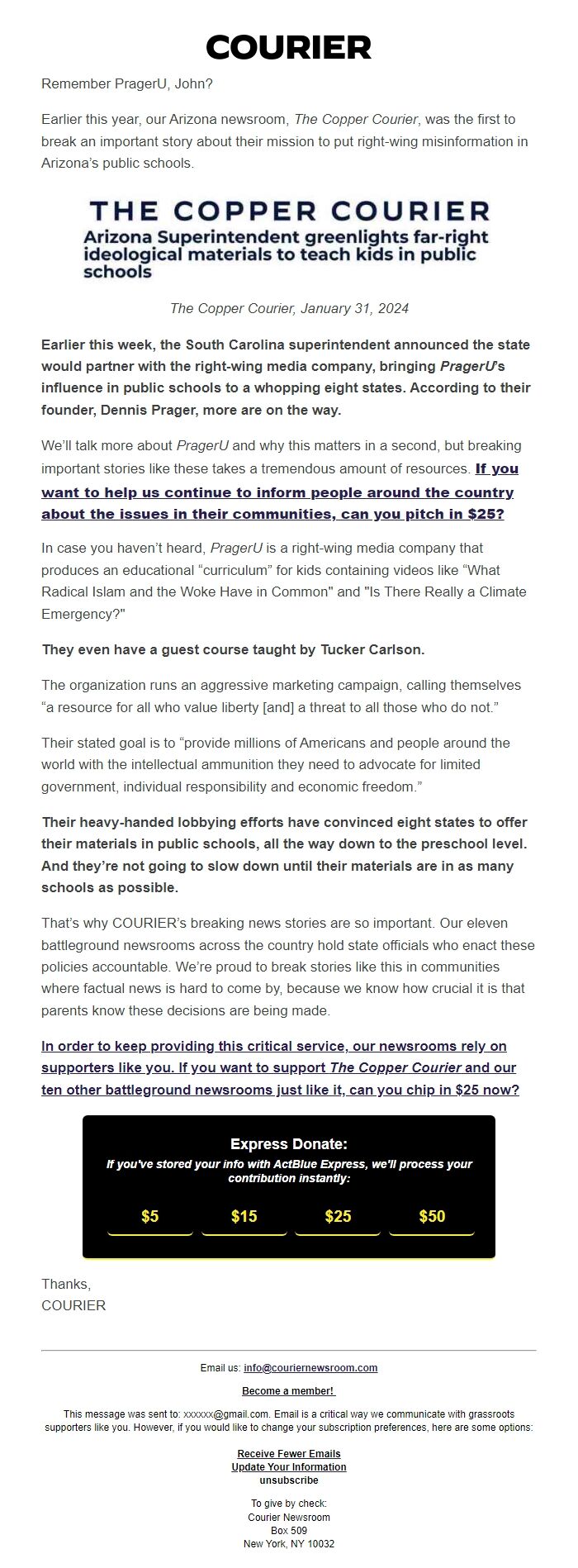 Screenshot of the email generated on import