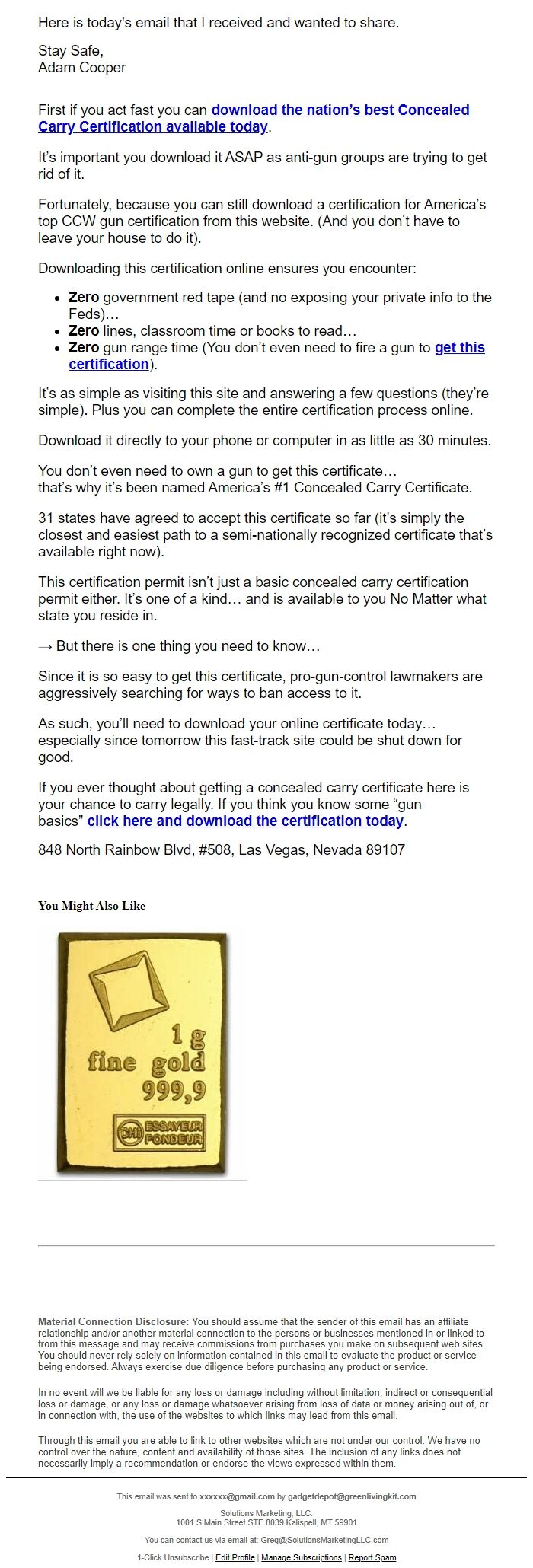 Screenshot of the email generated on import
