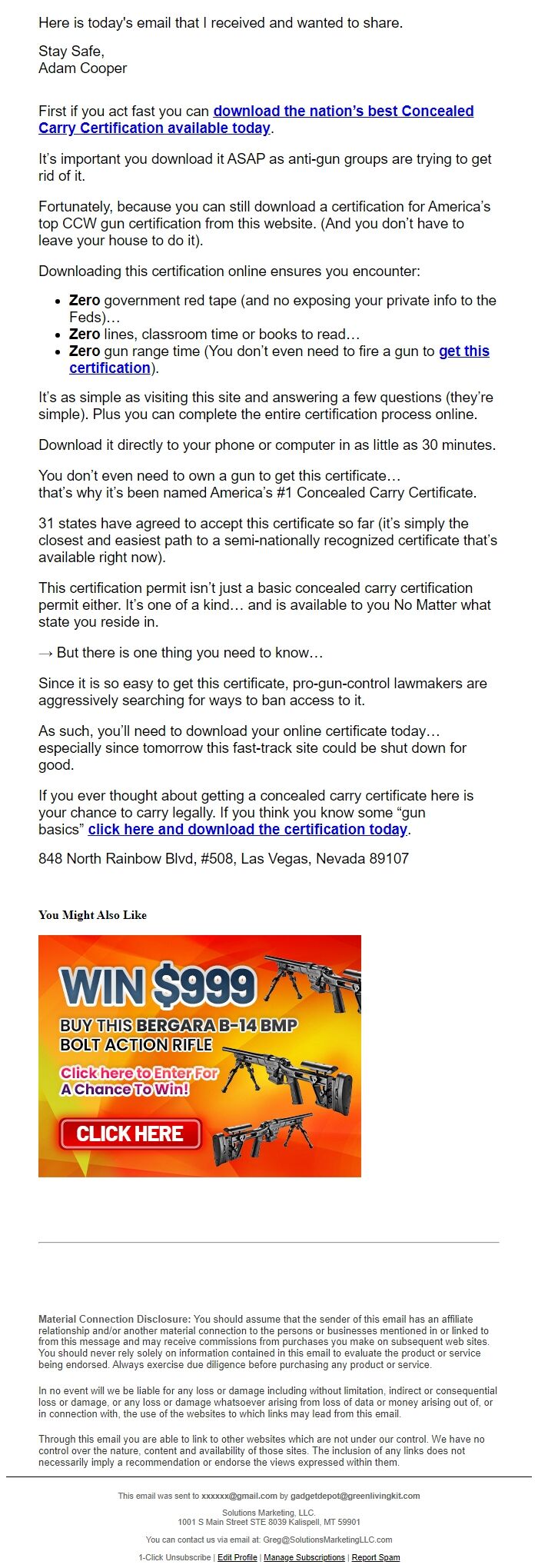 Screenshot of the email generated on import
