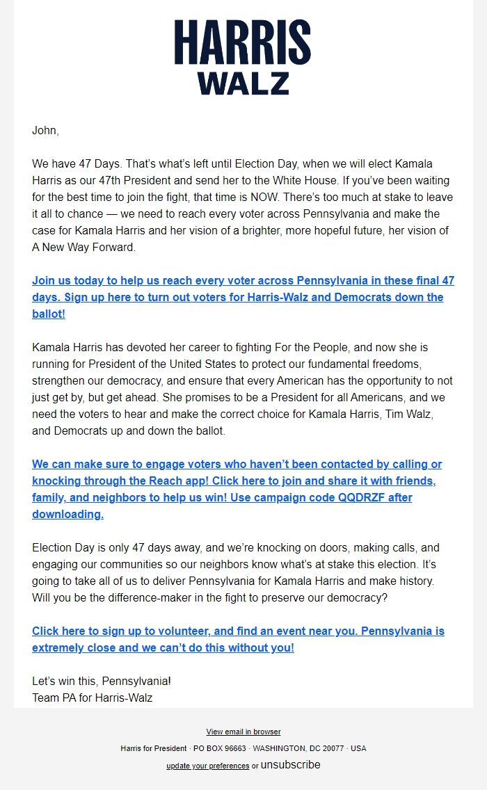 Screenshot of the email generated on import