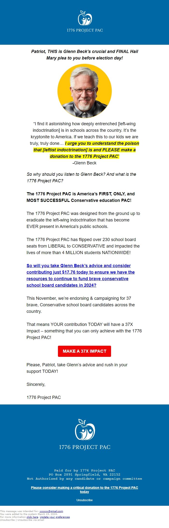 Screenshot of the email generated on import