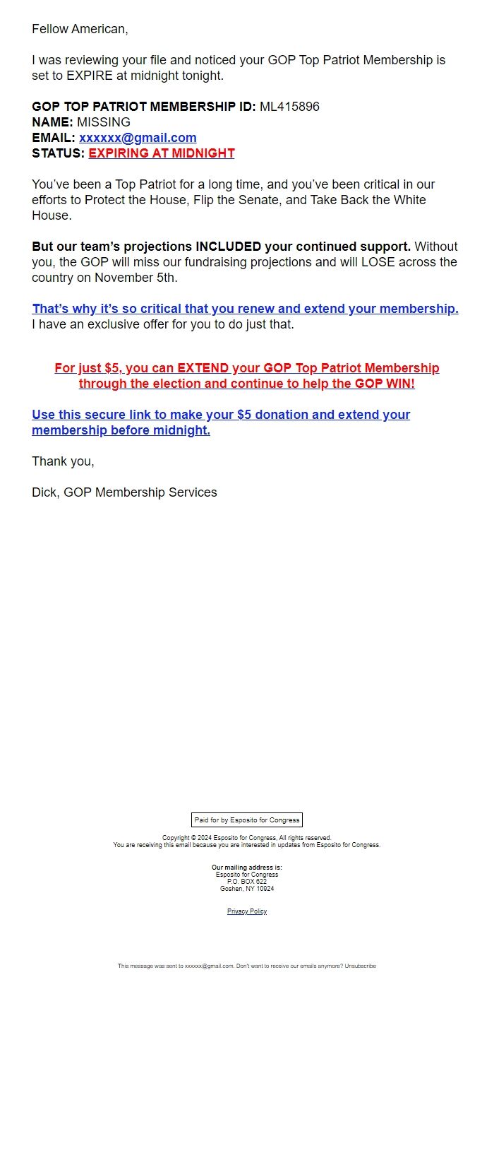 Screenshot of the email generated on import
