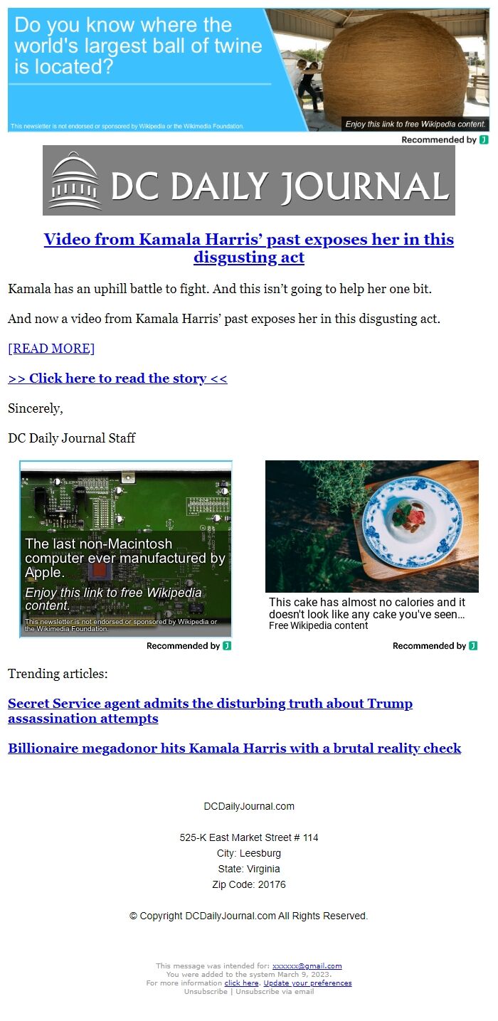 Screenshot of the email generated on import