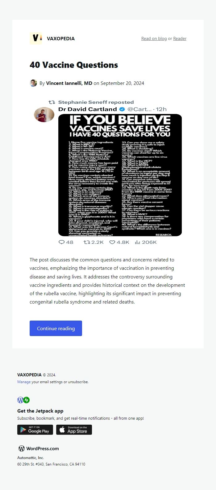 Screenshot of the email generated on import