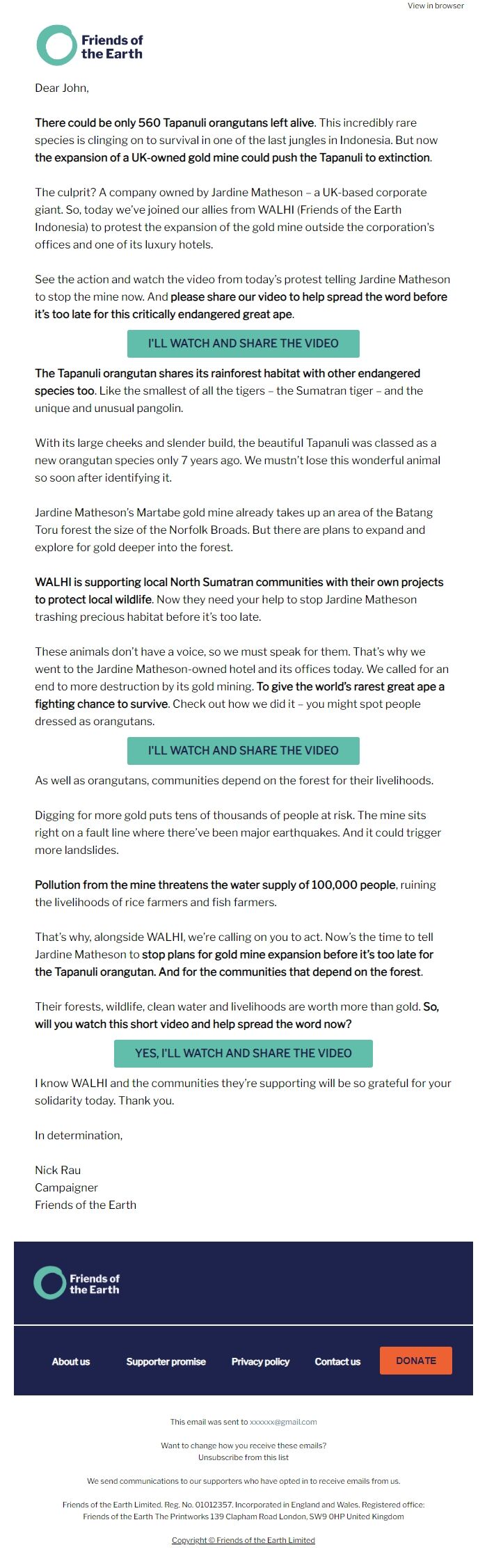 Screenshot of the email generated on import