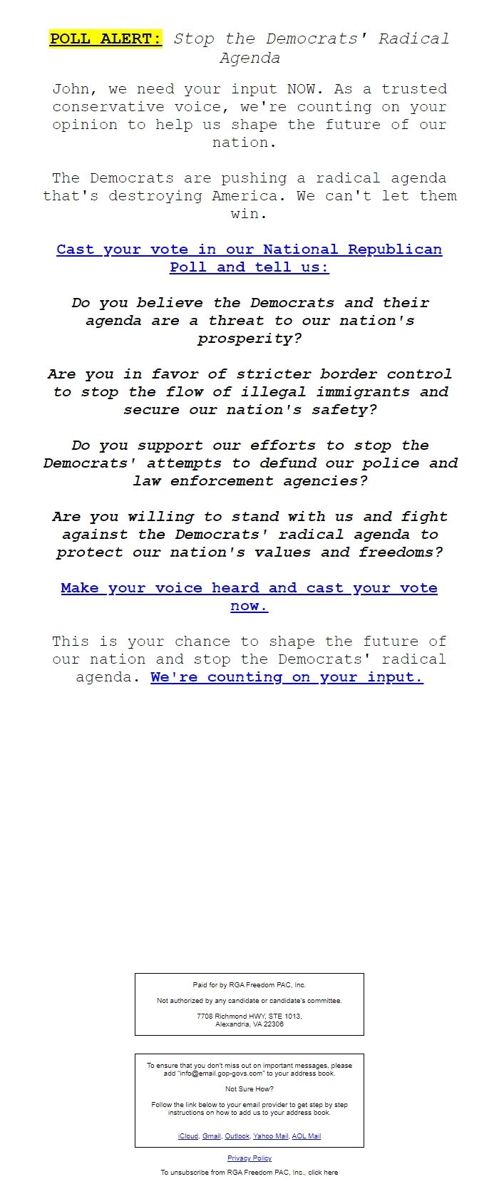 Screenshot of the email generated on import