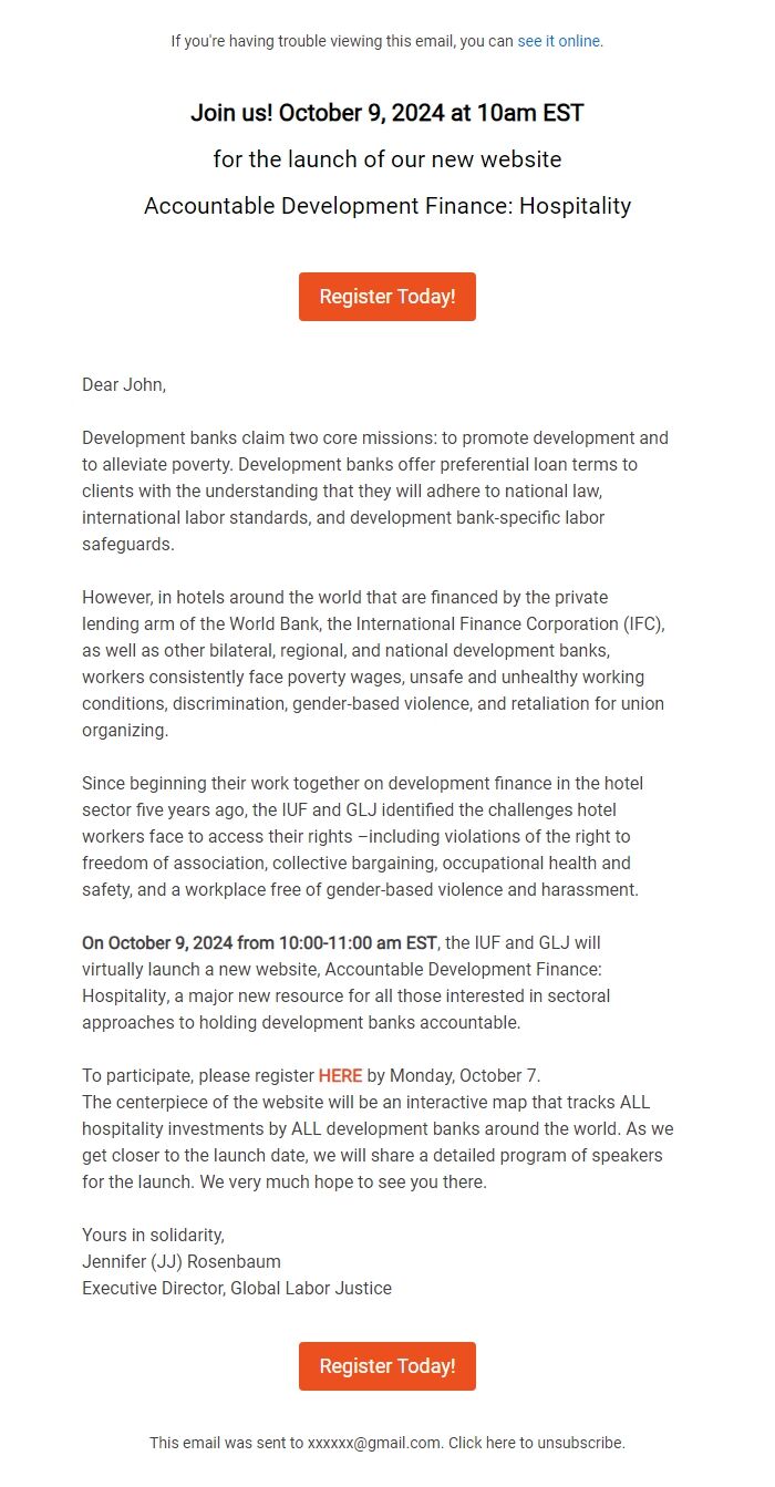 Screenshot of the email generated on import
