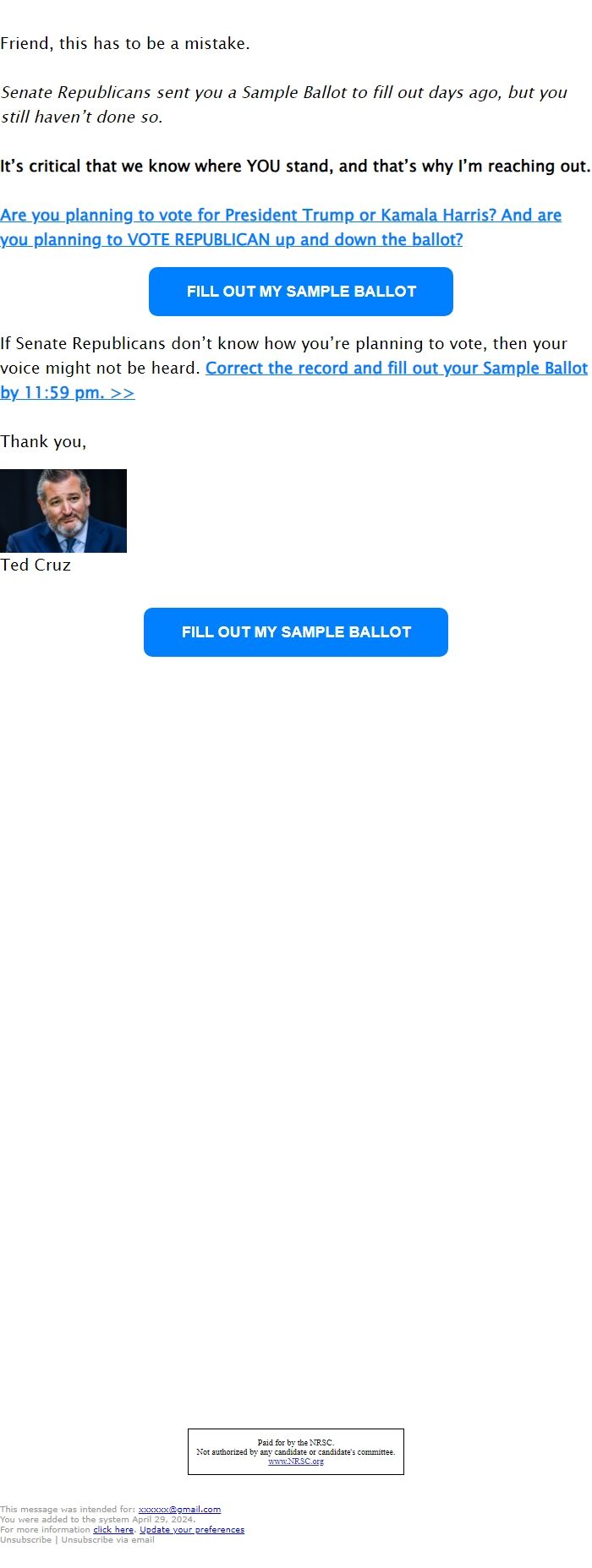 Screenshot of the email generated on import