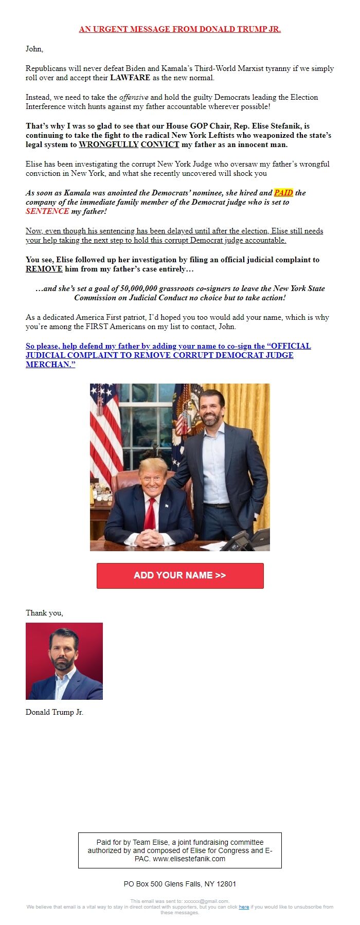 Screenshot of the email generated on import