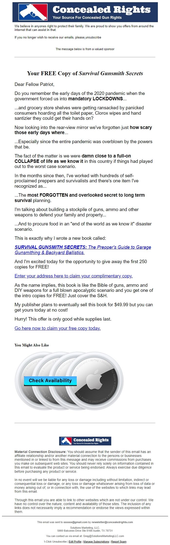 Screenshot of the email generated on import