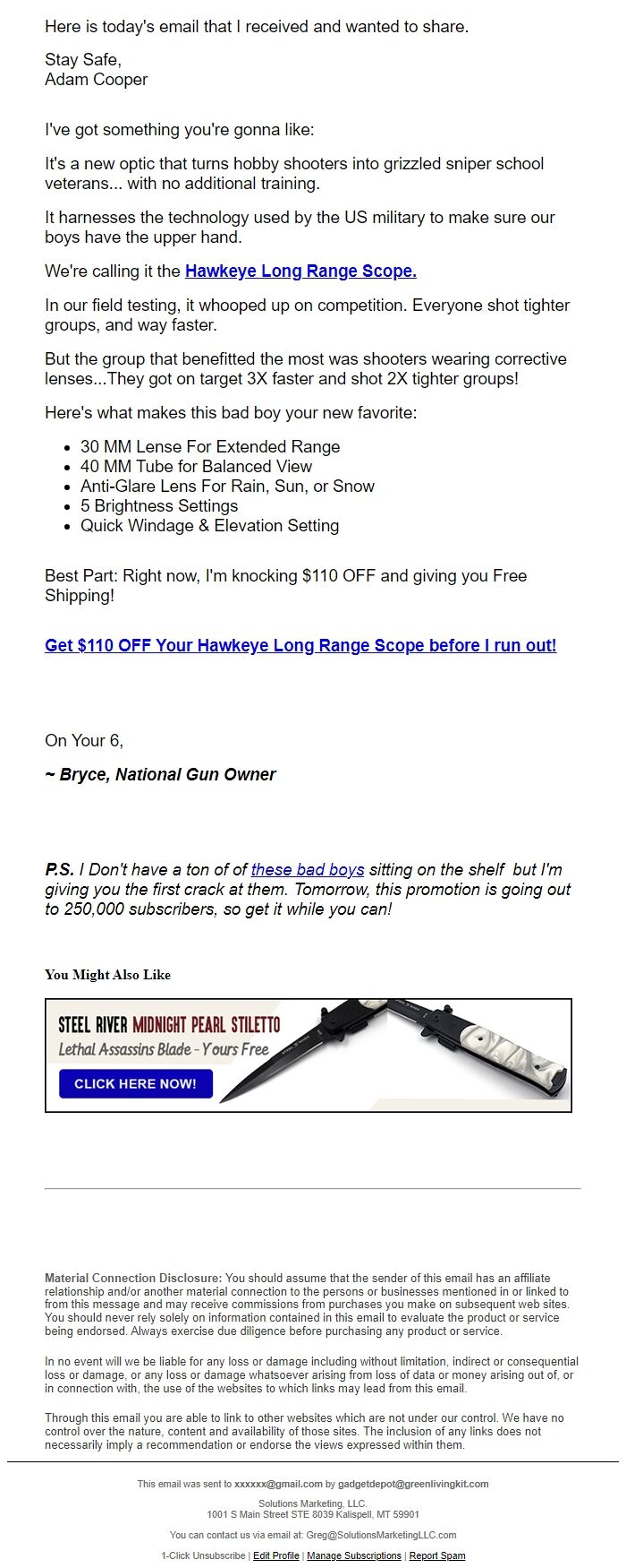 Screenshot of the email generated on import