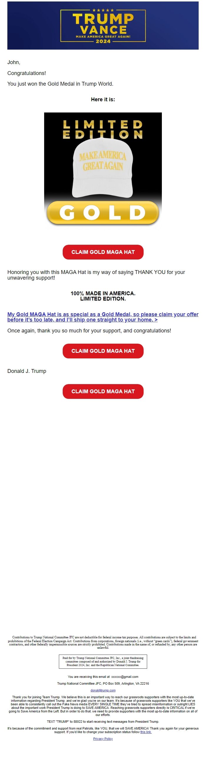 Screenshot of the email generated on import