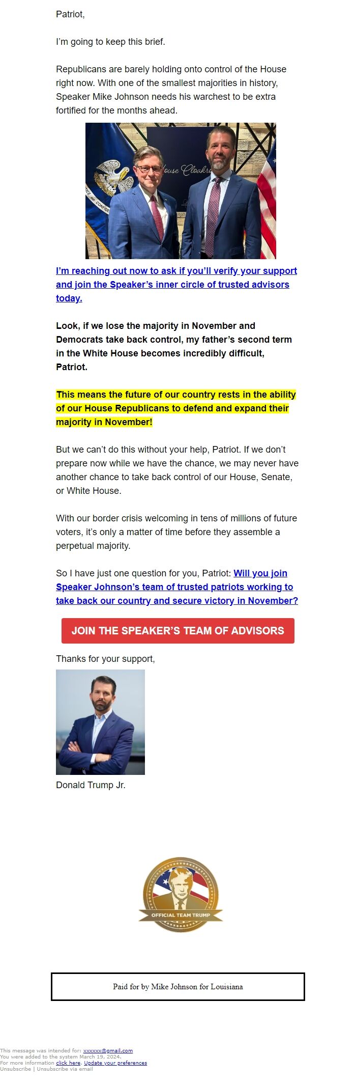 Screenshot of the email generated on import